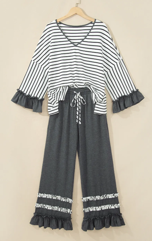 Tania Grey Stripe V Neck Ruffle Contrast Sleeve Top Drawstring Pants 2pcs Set