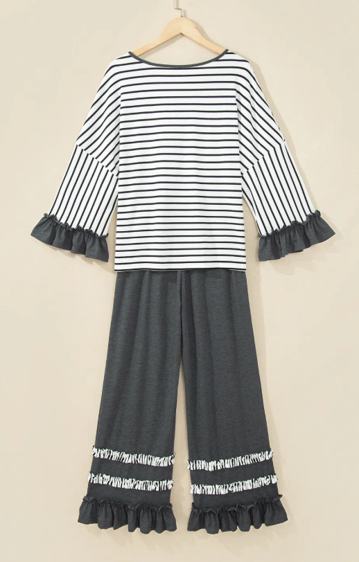 Tania Grey Stripe V Neck Ruffle Contrast Sleeve Top Drawstring Pants 2pcs Set