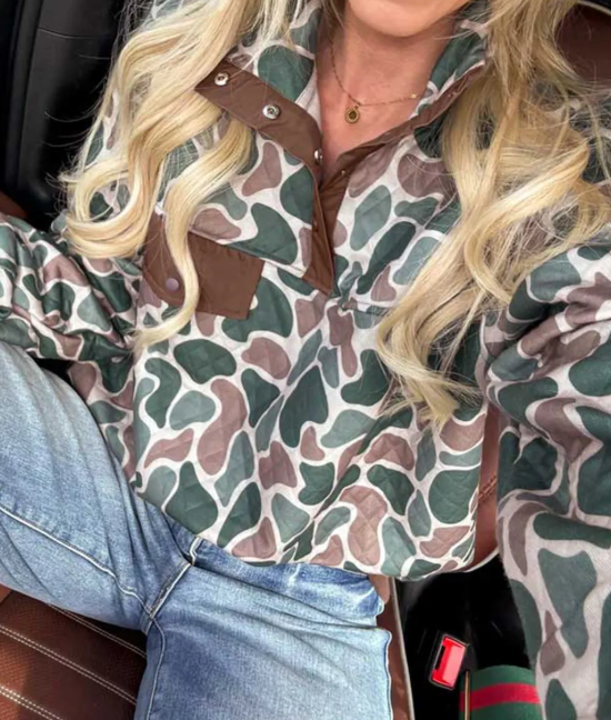 Zerlina Retro Camouflage Pattern Color Block Detail Button Pullover Sweatshirt