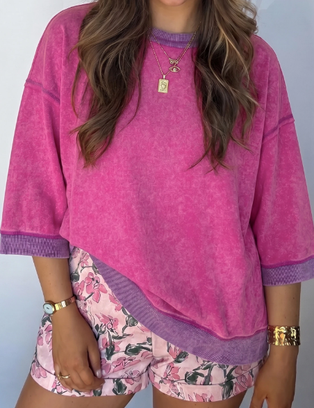 Elicia Strawberry Pink Mineral Wash Color Block Trim Bracelet Sleeve Pullover Top