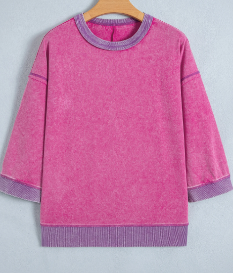 Elicia Strawberry Pink Mineral Wash Color Block Trim Bracelet Sleeve Pullover Top