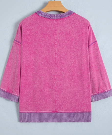 Elicia Strawberry Pink Mineral Wash Color Block Trim Bracelet Sleeve Pullover Top