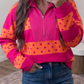 Trix Pink Stripe Patchwork Polka Dot Accent Quarter Zip Long Sleeve Top