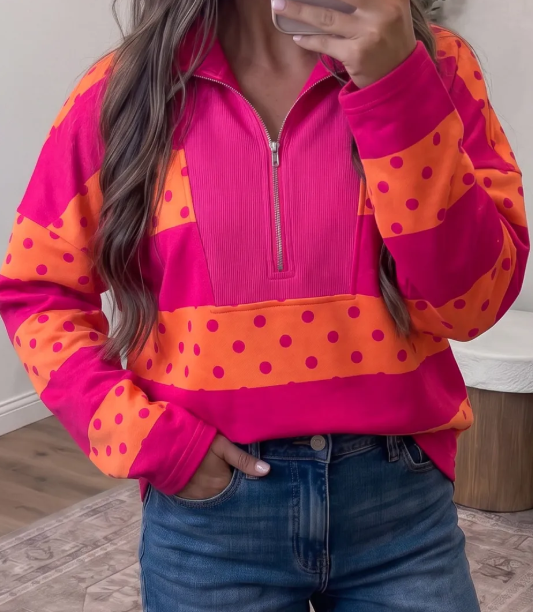 Trix Pink Stripe Patchwork Polka Dot Accent Quarter Zip Long Sleeve Top