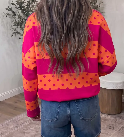 Trix Pink Stripe Patchwork Polka Dot Accent Quarter Zip Long Sleeve Top