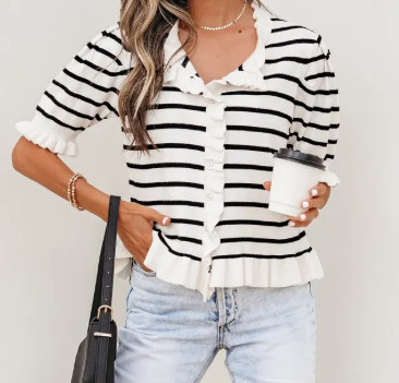 Avis Stripe Ruffle Trim Button Down Knit Short Sleeve Sweater Cardigan