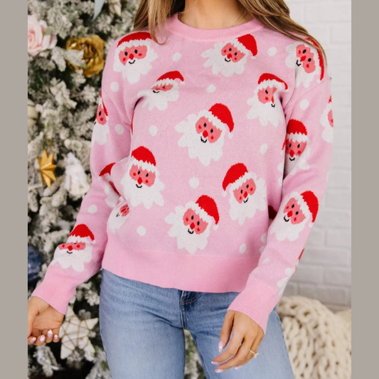 Pink Cartoon Santa Pattern Round Neck Dropped Shoulder Sweater