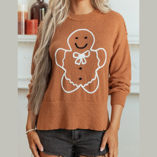 Brown Oversized Drop Shoulder Round Neck Gingerbread Man Sweater