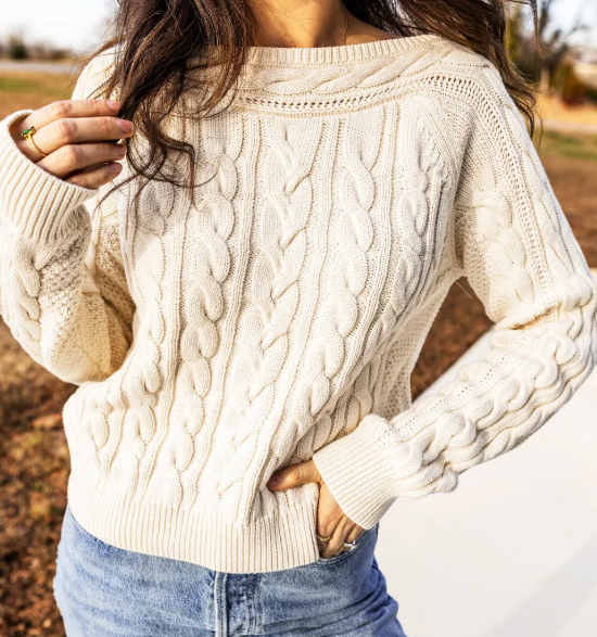 Alicia Beige Drop Shoulder Round Neck Cable Knit Sweater