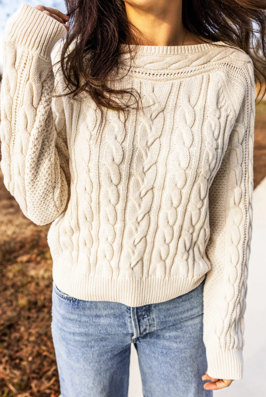 Alicia Beige Drop Shoulder Round Neck Cable Knit Sweater