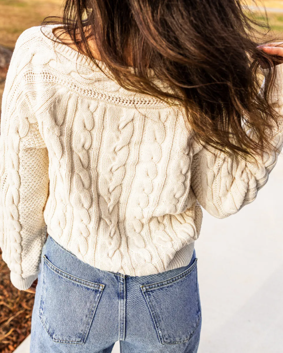 Alicia Beige Drop Shoulder Round Neck Cable Knit Sweater