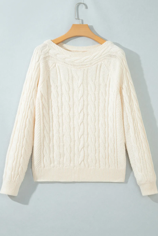 Alicia Beige Drop Shoulder Round Neck Cable Knit Sweater