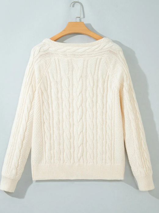 Alicia Beige Drop Shoulder Round Neck Cable Knit Sweater