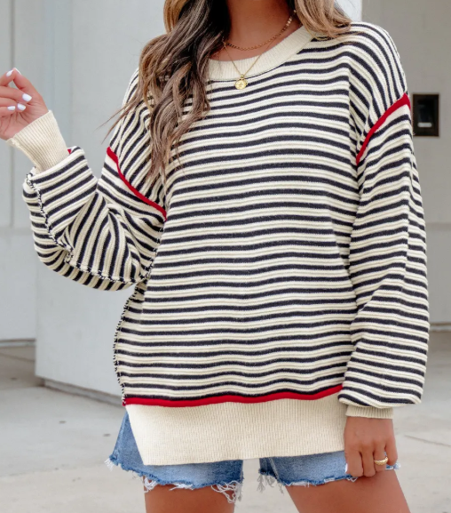 Constance Black Stripe Ribbed Trim Drop Shoulder Oversized Sweater