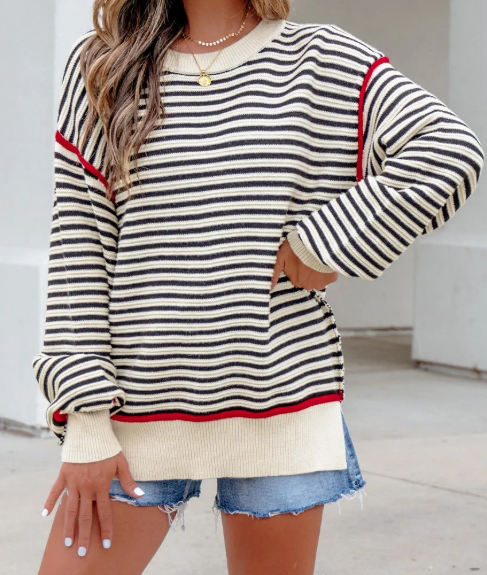 Constance Black Stripe Ribbed Trim Drop Shoulder Oversized Sweater