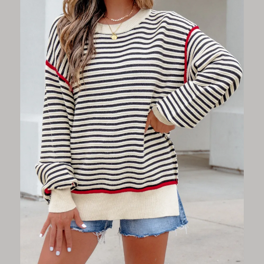 Constance Black Stripe Ribbed Trim Drop Shoulder Oversized Sweater