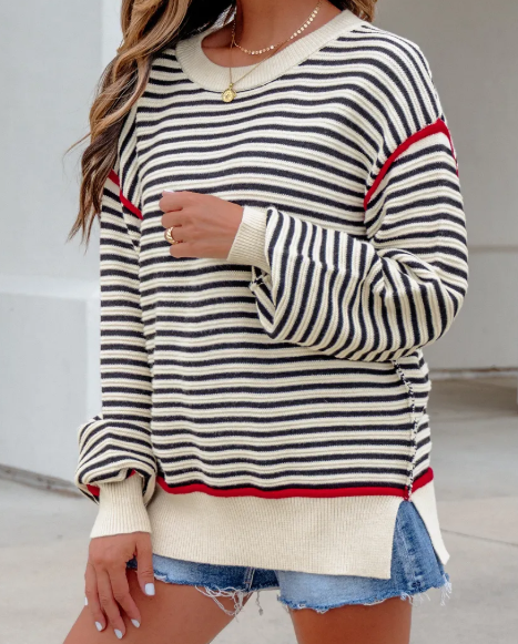 Constance Black Stripe Ribbed Trim Drop Shoulder Oversized Sweater