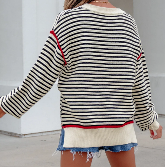 Constance Black Stripe Ribbed Trim Drop Shoulder Oversized Sweater