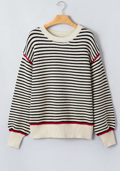 Constance Black Stripe Ribbed Trim Drop Shoulder Oversized Sweater