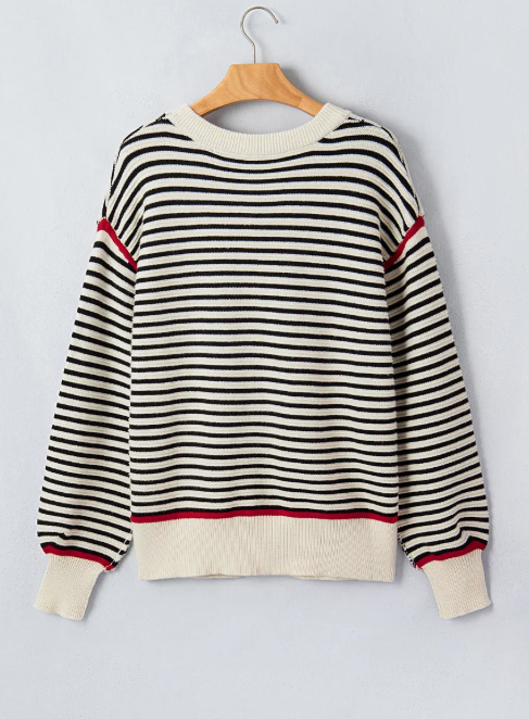 Constance Black Stripe Ribbed Trim Drop Shoulder Oversized Sweater