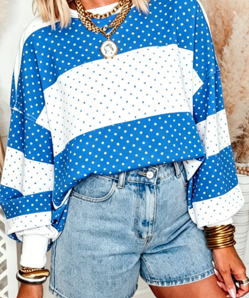 Lesley Blue Polka Dot Patchwork Colorblock Long Sleeve Top