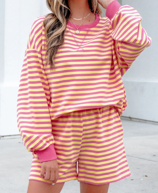 Milly Stripe Color Block Trim Round Neck Long Sleeve Top Casual Shorts 2pcs Set