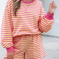 Milly Stripe Color Block Trim Round Neck Long Sleeve Top Casual Shorts 2pcs Set