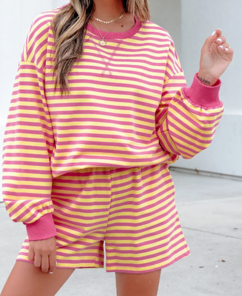 Milly Stripe Color Block Trim Round Neck Long Sleeve Top Casual Shorts 2pcs Set