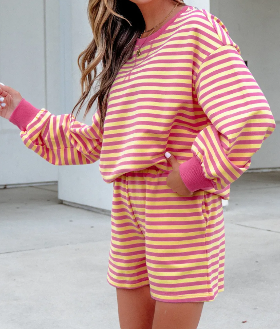 Milly Stripe Color Block Trim Round Neck Long Sleeve Top Casual Shorts 2pcs Set