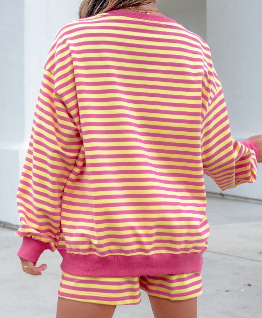 Milly Stripe Color Block Trim Round Neck Long Sleeve Top Casual Shorts 2pcs Set