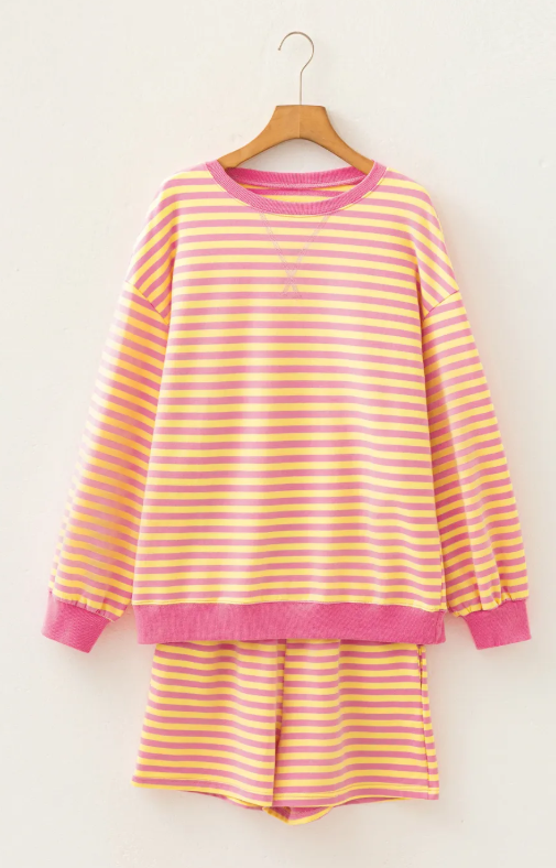 Milly Stripe Color Block Trim Round Neck Long Sleeve Top Casual Shorts 2pcs Set