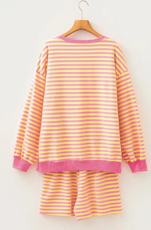 Milly Stripe Color Block Trim Round Neck Long Sleeve Top Casual Shorts 2pcs Set