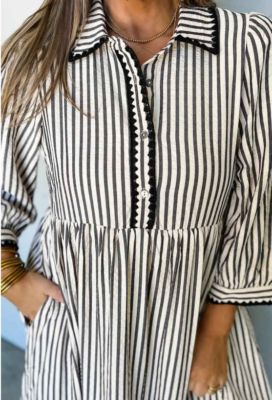SALE!!!  Jaclyn Black Stripe Scallop Trim Shirt Collar Half Button 3/4 Sleeve Long Dress