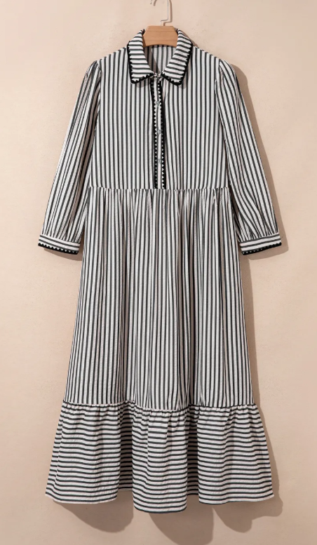 SALE!!!  Jaclyn Black Stripe Scallop Trim Shirt Collar Half Button 3/4 Sleeve Long Dress