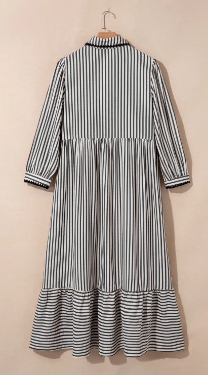 SALE!!!  Jaclyn Black Stripe Scallop Trim Shirt Collar Half Button 3/4 Sleeve Long Dress