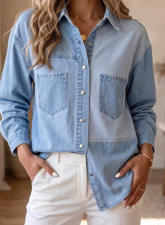 Sable Lightweight Denim Striped Patchwork Button Down Shacket