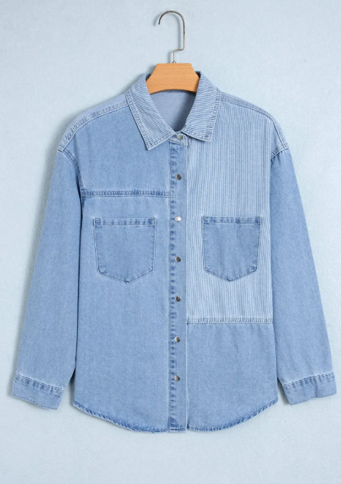 Sable Lightweight Denim Striped Patchwork Button Down Shacket