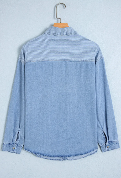 Sable Lightweight Denim Striped Patchwork Button Down Shacket