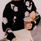 Emma Black Floral Pattern Puff Sleeve Dropped Shoulder Pullover Sweater