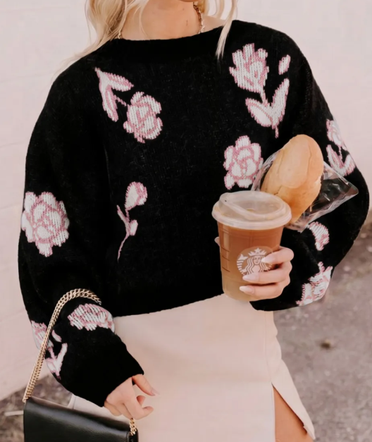 Emma Black Floral Pattern Puff Sleeve Dropped Shoulder Pullover Sweater