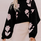 Emma Black Floral Pattern Puff Sleeve Dropped Shoulder Pullover Sweater