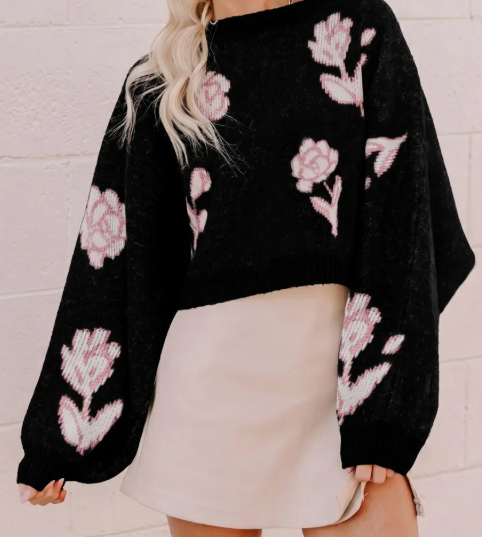 Emma Black Floral Pattern Puff Sleeve Dropped Shoulder Pullover Sweater