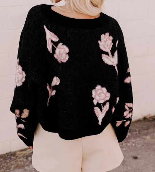 Emma Black Floral Pattern Puff Sleeve Dropped Shoulder Pullover Sweater
