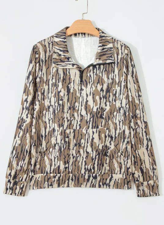 Tawni Brown Camouflage Zipper Collar Front Pocket Pullover Sweatshirt