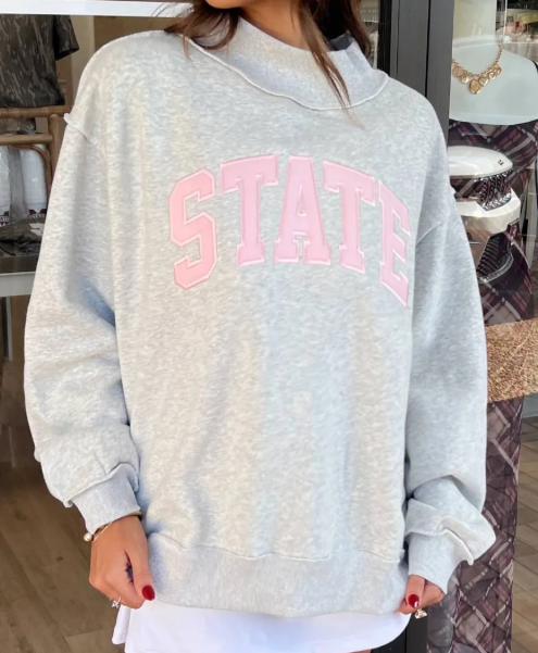 Grey Exposed Seam Mock Neck STATE Letter Graphic Loose Sweatshirt
