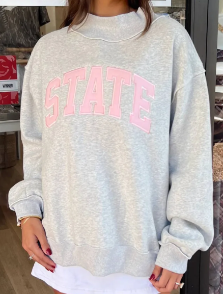 Grey Exposed Seam Mock Neck STATE Letter Graphic Loose Sweatshirt