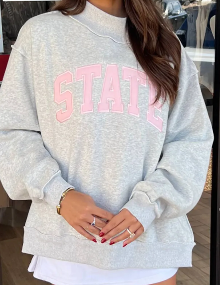 Grey Exposed Seam Mock Neck STATE Letter Graphic Loose Sweatshirt