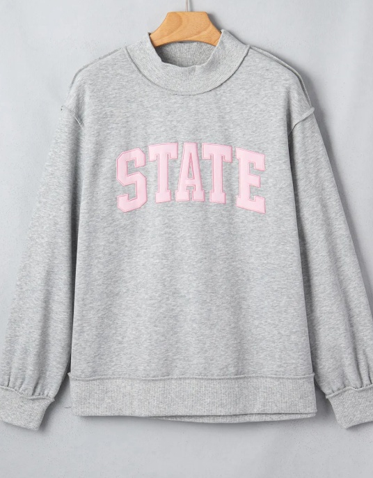 Grey Exposed Seam Mock Neck STATE Letter Graphic Loose Sweatshirt