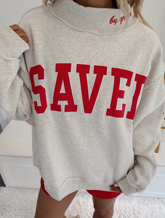 Grey Saved By Grace Embroidered Detail Letter Graphic High Neck Sweatshirt