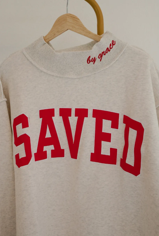 Grey Saved By Grace Embroidered Detail Letter Graphic High Neck Sweatshirt